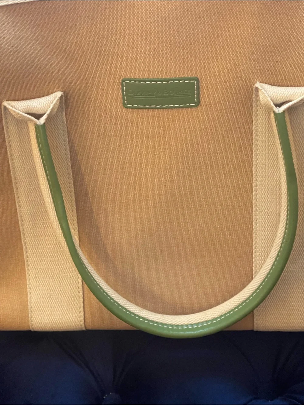 Rare Dooney & Bourke Neutral Canvas Laptop Bag with Green Leather Trim